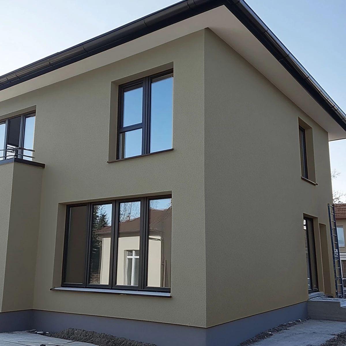 Nieuwbouwwoning met beige crepi-gevel na buitengevelisolatie